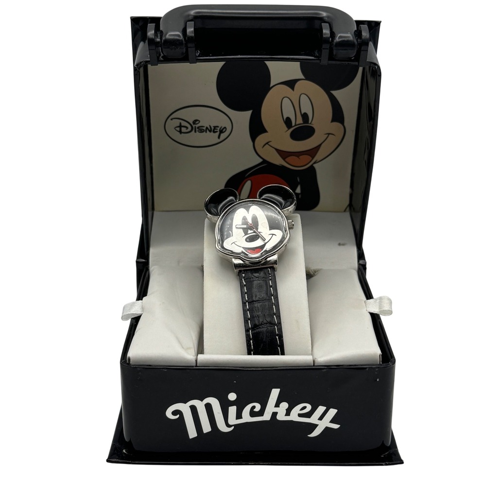Disney Mickey Mouse Head Shape Watch Black Leather Strap MZ Berger MCK746N Box